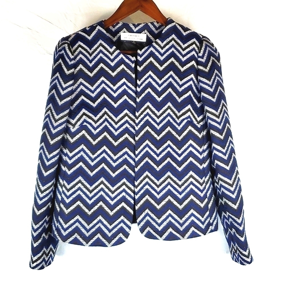 Tahari ASL Blue and White Chevron Blazer‎ Jacket